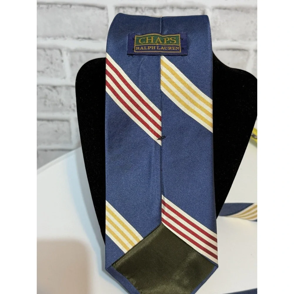 Vintage Chaps Ralph Lauren Silk Necktie Blue Red Gold Diagonal Stripe Tie